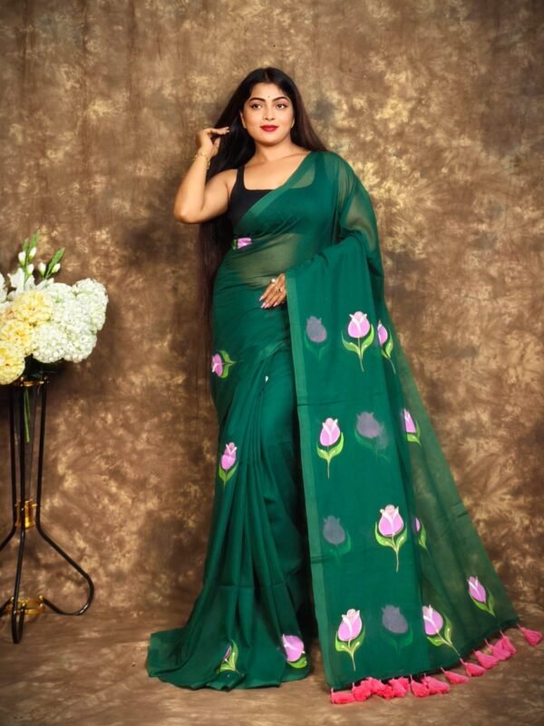Bottle Green Printed Mul Mul Cotton Saree Soft & Comfort