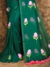Bottle Green Printed Mul Mul Cotton Saree Soft & Comfort