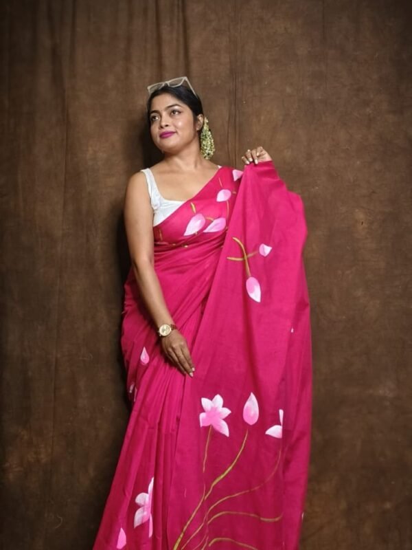Bright Maroon Floral Design Mul Cotton Sari With Blouse Piece