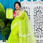 Bright Olive Soft Bonolota Jamdani Sari Wiht Blouse Piece