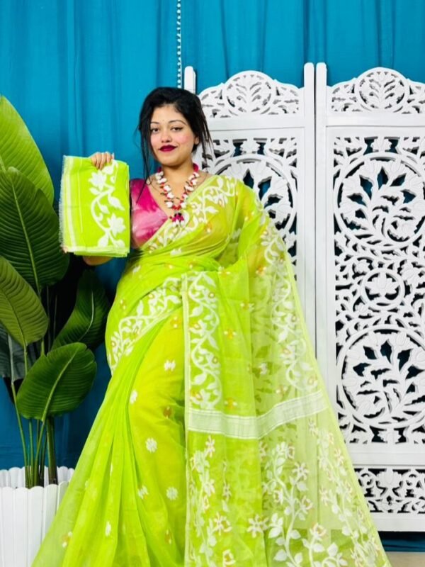 Bright Olive Soft Bonolota Jamdani Sari Wiht Blouse Piece