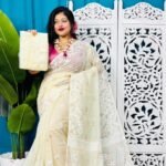 Cream Soft Bonolota Jamdani Sari Wiht Blouse Piece