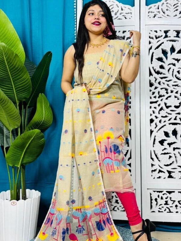 Unstitched Soft 2 Piece Jamdani Churidar - Cream