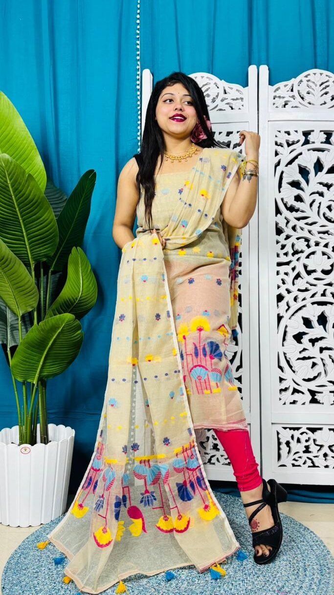 Unstitched Soft 2 Piece Jamdani Churidar - Cream