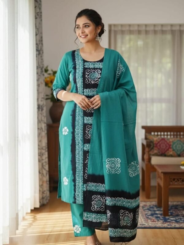 Dark Aqua Soft Mom Batik Unstitched 3 Piece Suit Set