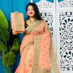 Dark Salmon Soft Sunflower Jamdani Sari With Blouse Piece