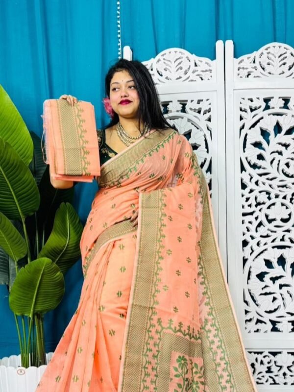 Dark Salmon Soft Sunflower Jamdani Sari With Blouse Piece