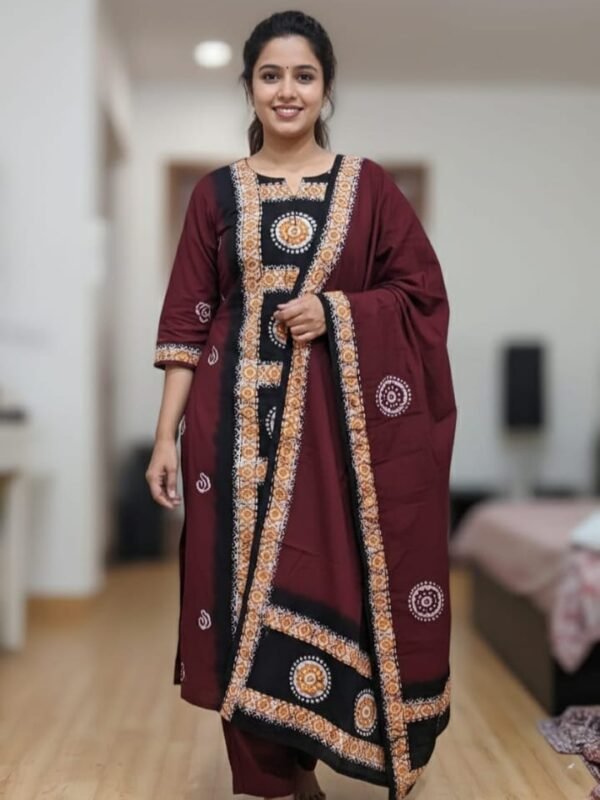 Deep Maroon Soft Mom Batik Unstitched 3 Piece Suit Set