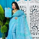 Denim Blue Soft Bonolota Jamdani Sari Wiht Blouse Piece