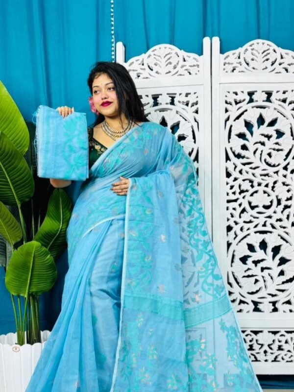 Denim Blue Soft Bonolota Jamdani Sari Wiht Blouse Piece