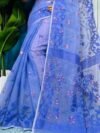 Dusky Blue Soft Bonolota Jamdani Sari Wiht Blouse Piece