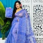 Dusky Blue Soft Bonolota Jamdani Sari Wiht Blouse Piece