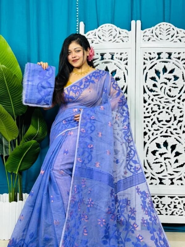 Dusky Blue Soft Bonolota Jamdani Sari Wiht Blouse Piece