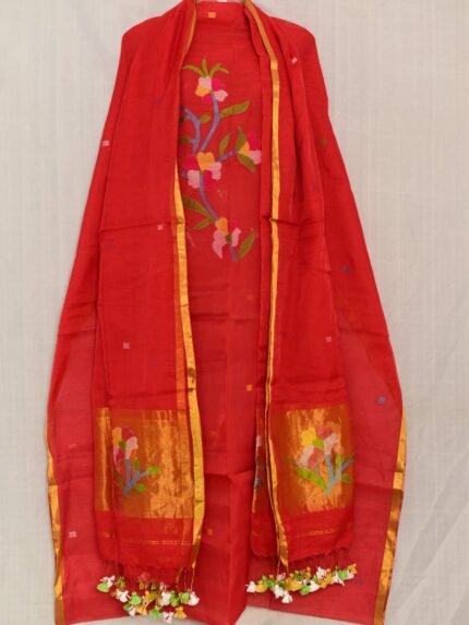 Exclusive Joba Red Handloom Unstitched 2 Piece Jamdani Suit Piece