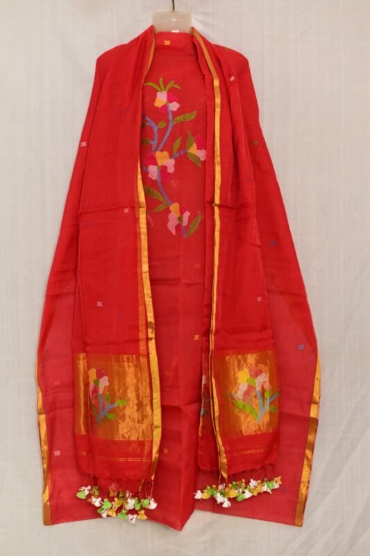 Exclusive Joba Red Handloom Unstitched 2 Piece Jamdani Suit Piece