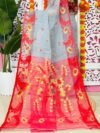 Grey Soft Lota Pata Jamdani Sari With Blouse Piece