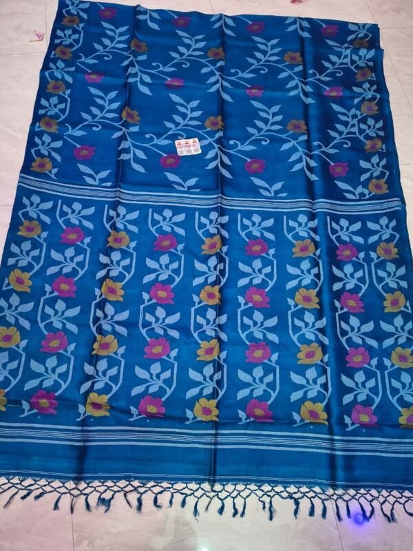 Joba Royal Blue Tussar By Tussar Handloom Jamdani Sari With Blouse Piece