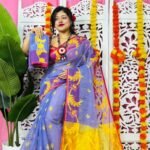 Lavender Blue Soft Lota Pata Jamdani Sari With Blouse Piece