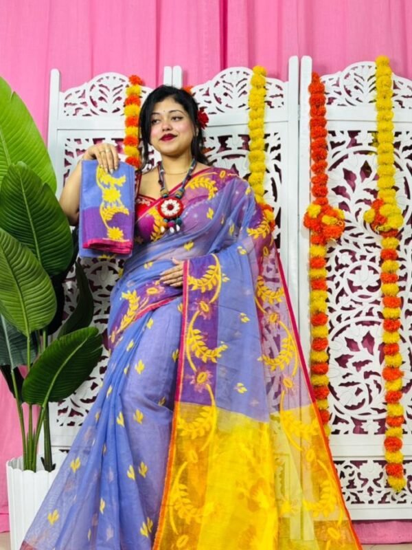 Lavender Blue Soft Lota Pata Jamdani Sari With Blouse Piece