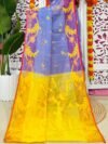 Lavender Blue Soft Lota Pata Jamdani Sari With Blouse Piece