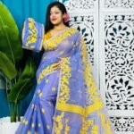 Levendar Blue Soft Bonolota Jamdani Sari Wiht Blouse Piece