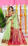 Light Olive Soft Lota Pata Jamdani Sari With Blouse Piece