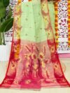 Light Olive Soft Lota Pata Jamdani Sari With Blouse Piece