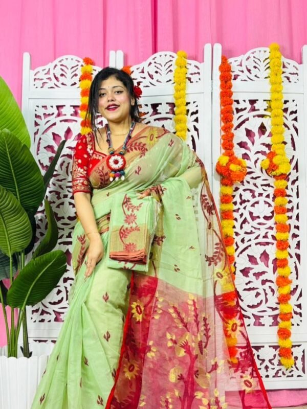 Light Olive Soft Lota Pata Jamdani Sari With Blouse Piece