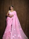 Light Pink Floral Design Mul Cotton Sari With Blouse Piece