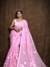 Light Pink Floral Design Mul Cotton Sari With Blouse Piece