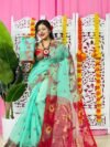 Light Teal Soft Lota Pata Jamdani Sari With Blouse Piece