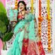 Light Teal Soft Lota Pata Jamdani Sari With Blouse Piece