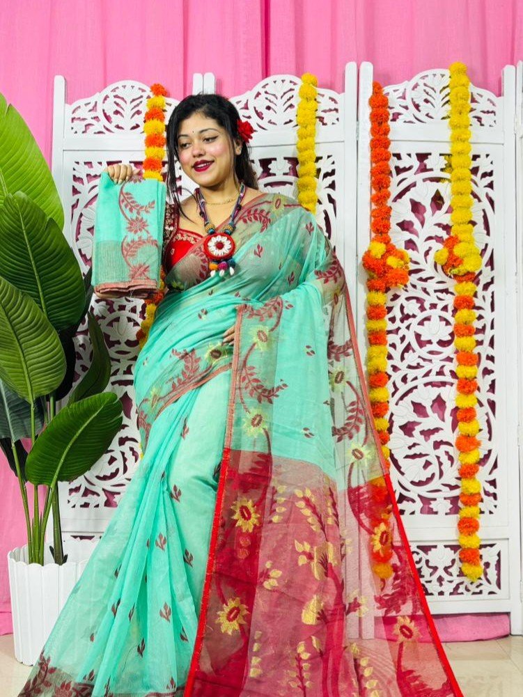 Light Teal Soft Lota Pata Jamdani Sari With Blouse Piece Light Teal Soft Lota Pata Jamdani Sari With Blouse Piece