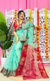 Light Teal Soft Lota Pata Jamdani Sari With Blouse Piece