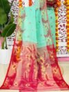 Light Teal Soft Lota Pata Jamdani Sari With Blouse Piece