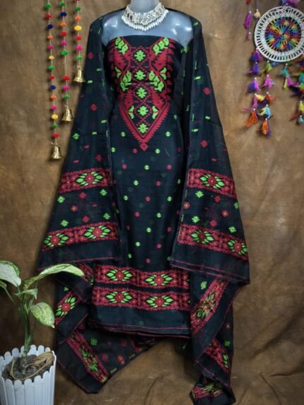 Loket Black Unstitched 2 Piece Jamdani Suit Set