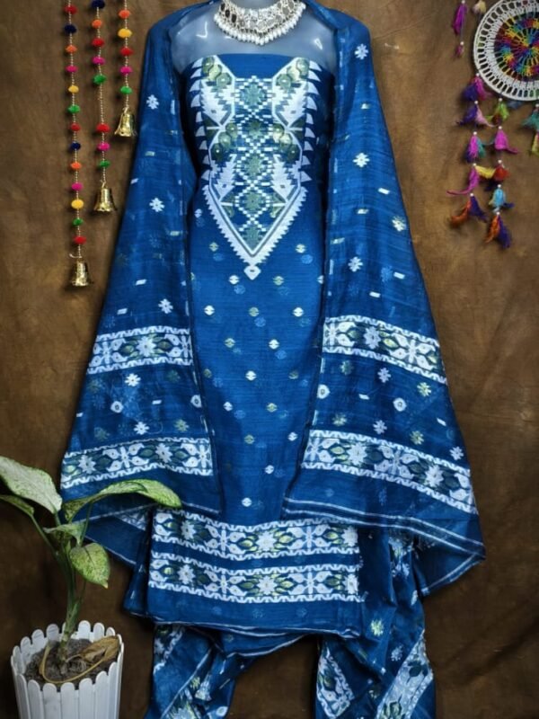 Loket Fun Blue Unstitched 2 Piece Jamdani Suit Set