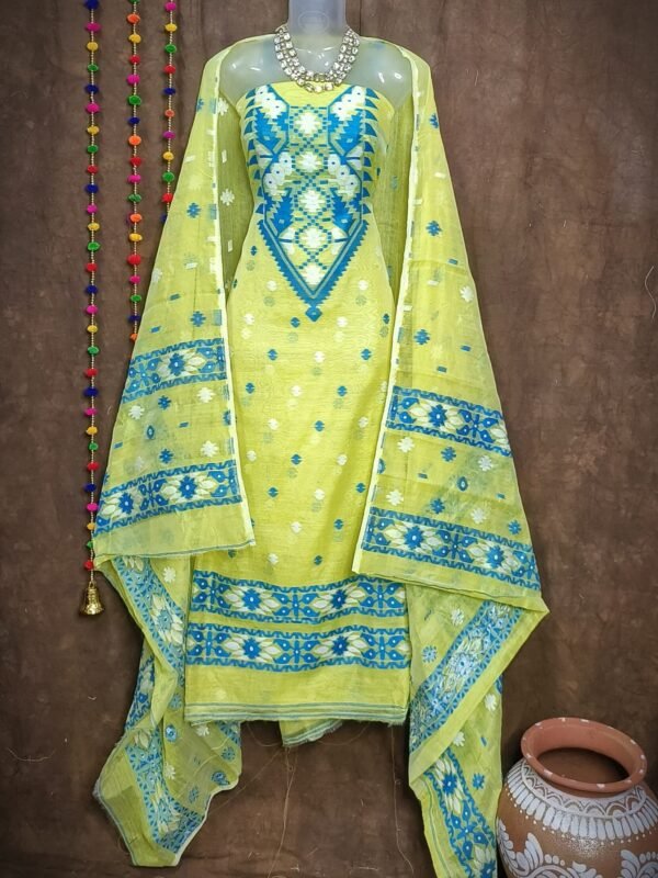 Loket Lemon Yellow Unstitched 2 Piece Jamdani Suit Set