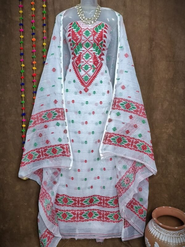 Loket White Unstitched 2 Piece Jamdani Suit Set