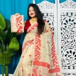 Mushroom Soft Bonolota Jamdani Sari Wiht Blouse Piece