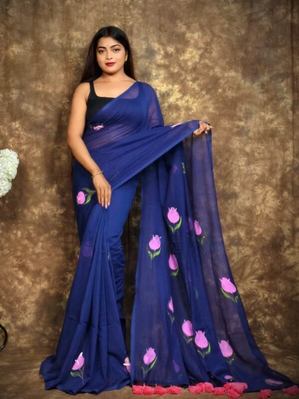Navy Blue Printed Mul Mul Cotton Saree Soft & Comfort