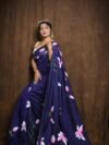 Navy Blue Floral Design Mul Cotton Sari With Blouse Piece