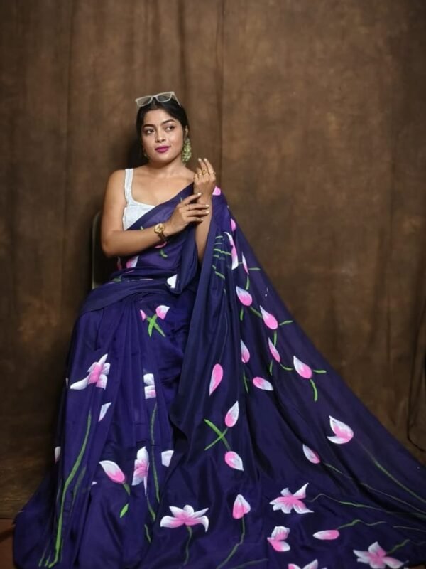 Navy Blue Floral Design Mul Cotton Sari With Blouse Piece