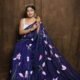 Navy Blue Floral Design Mul Cotton Sari With Blouse Piece