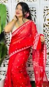 Nayan Tara Red Soft Jamdani Saree With Blouse Piece
