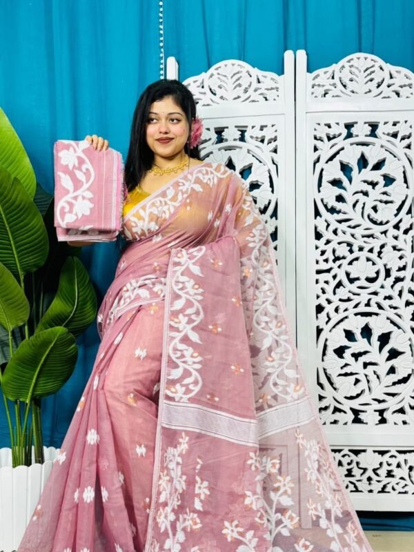 Old Rose Soft Bonolota Jamdani Sari Wiht Blouse Piece