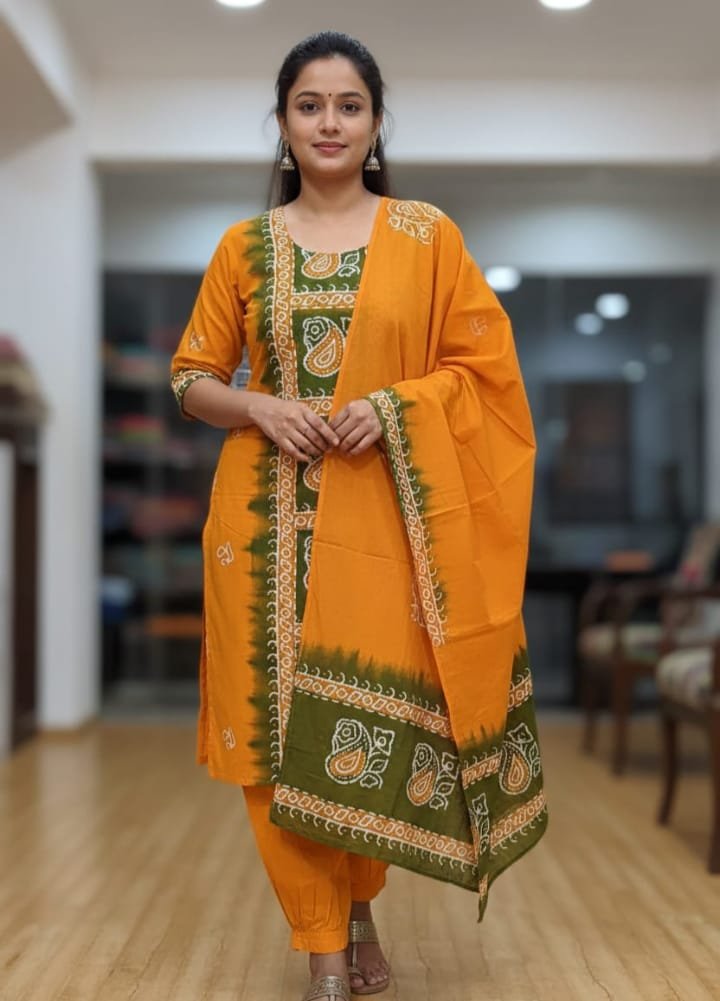 Orange Soft Mom Batik Unstitched 3 Piece Suit Set Orange Soft Mom Batik Unstitched 3 Piece Suit Set