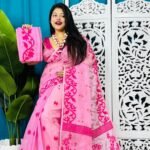 Pastel Magenta Soft Bonolota Jamdani Sari Wiht Blouse Piece