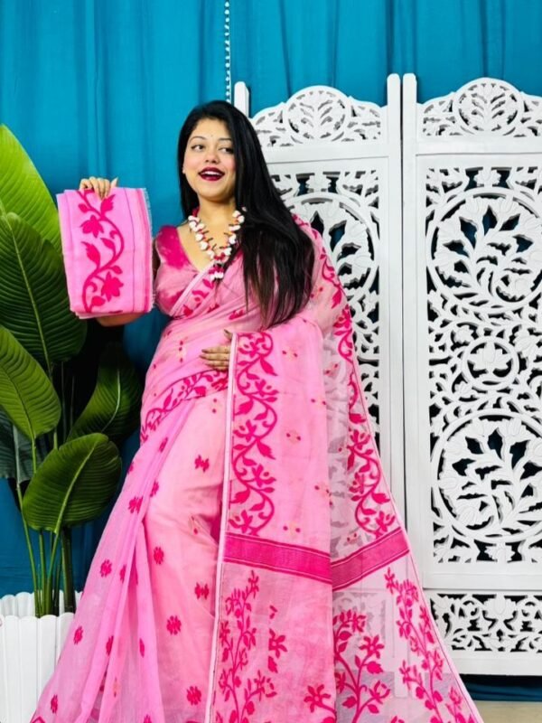 Pastel Magenta Soft Bonolota Jamdani Sari Wiht Blouse Piece