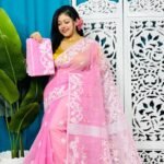 Pastel Magenta Soft Bonolota Jamdani Sari Wiht Blouse Piece